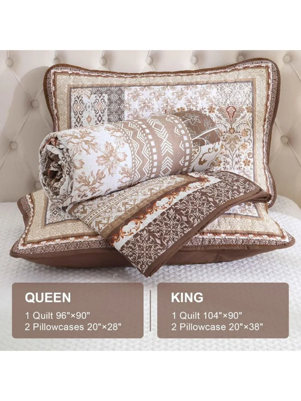 Bohemian Floral Quilt Set Queen Size, 3-Piece Patchwork Bedspread for All